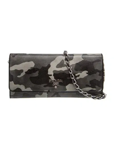 Pre-owned Prada Signature Camouflage Wallet On Chain In Grey