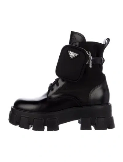 Pre-owned Prada Signature Logo Leather Combat Boots In Black