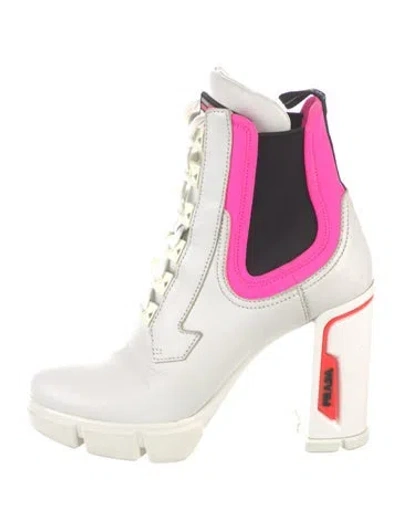 Pre-owned Prada Signature Logo Leather Lace-up Boots In Pink/white
