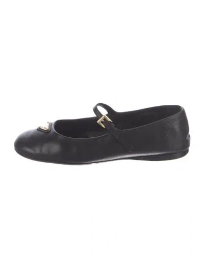 Pre-owned Prada Signature Logo Leather Mary Jane Flats In Black