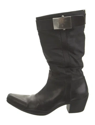 Pre-owned Prada Signature Logo Leather Moto Boots In Black