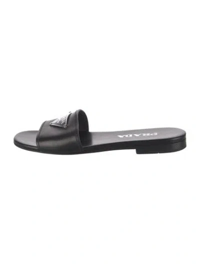 Pre-owned Prada Signature Logo Leather Slides In Black