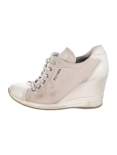Pre-owned Prada Signature Logo Leather Wedge Sneakers In Neutral