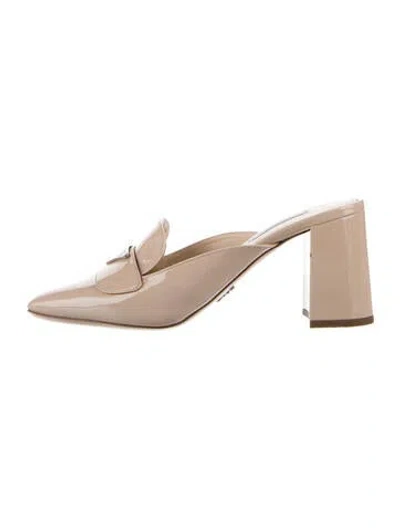 Pre-owned Prada Signature Logo Patent Leather Mules In Neutrals
