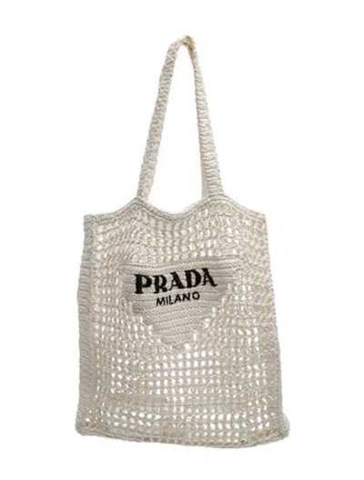 Pre-owned Prada Signature Raffia Logo Tote In White