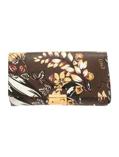 Pre-owned Prada Signature Saffiano Leather Floral Clutch Medium In Brown