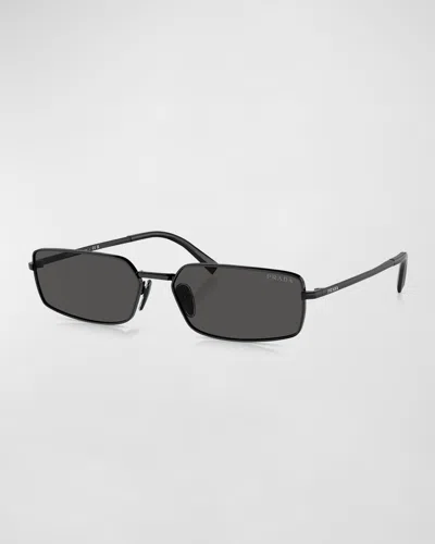 Prada Signature Steel & Plastic Rectangle Sunglasses In Black