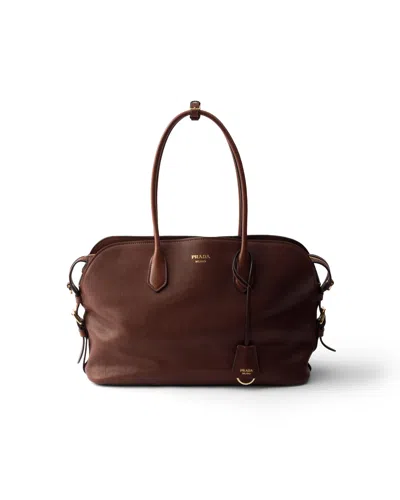 Prada Signet Large Leather Tote Bag In Brown