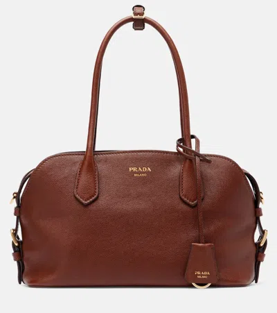 Prada Signet Medium Leather Bowling Bag In Brown