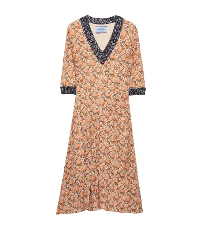 Prada Silk-blend Georgette Floral Print Midi Dress In Brown