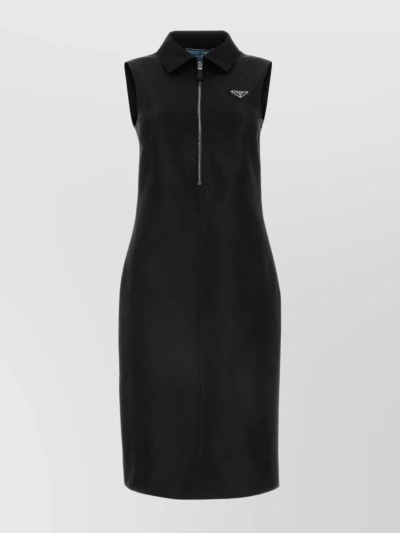 Prada Silk Blend Midi-length Dress With Pointed Collar In Black