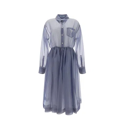 Prada Organza Stripe Belted Midi Dress In Blue