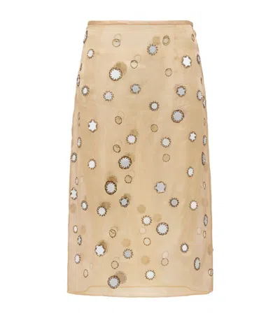 Prada Gonna Midi In Organza Ricamata Con Specchietti In Brown