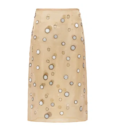 Prada Gonna Midi In Organza Ricamata Con Specchietti In Brown