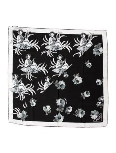 Pre-owned Prada Silk Floral Print Scarf In Black