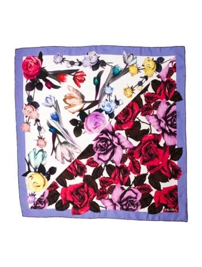 Pre-owned Prada Silk Floral Print Scarf In Blue