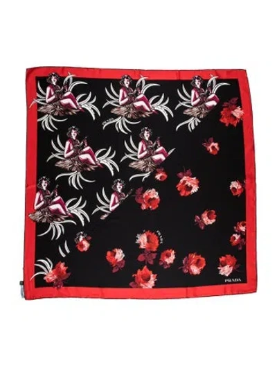 Pre-owned Prada Silk Floral Print Scarf In Red