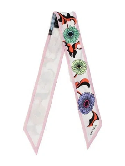 Pre-owned Prada Silk Floral Print Scarf In White