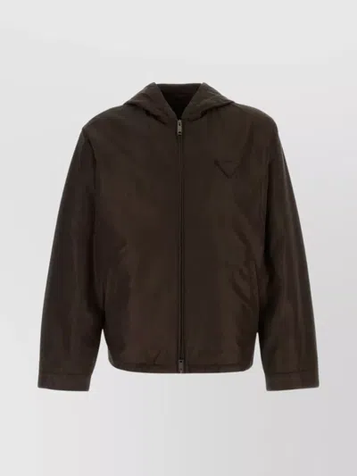 Prada Silk Hooded Jacket Drawstring Hem In Brown