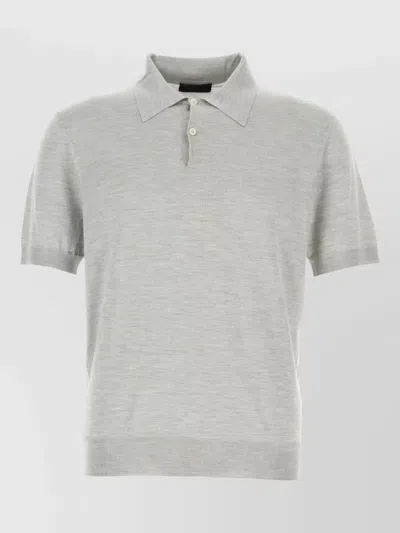 Prada Silk Knit Polo Shirt Ribbed Cuffs Hem In Gray