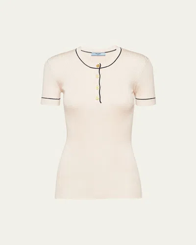 Prada Silk Knit Ribbed Shirt With Contrast Tipping In Naturale