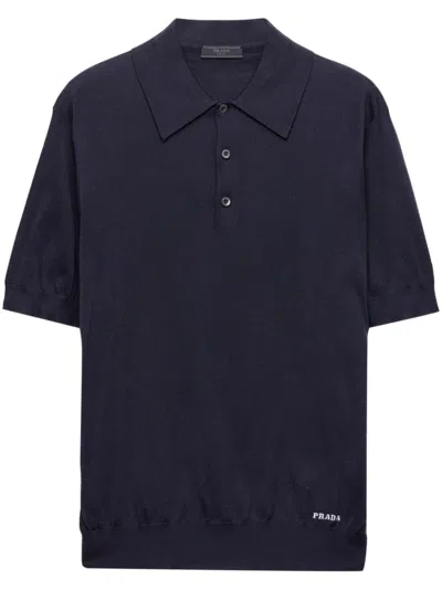 Prada Dark Blue Silk Polo Shirt In Navy