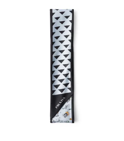 Prada Triangle Symbole And Lipstick Degrade Print Silk Skinny Scarf In Blue