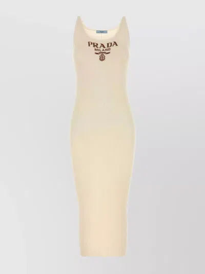 Prada Silk Ribbed Midi Dress In White