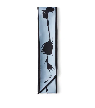 Prada Silk Rose Print Skinny Scarf In Turquoise