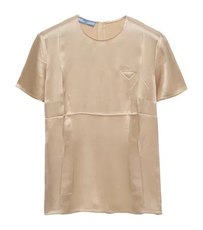 Prada Short Sleeve Satin Crepe Top In Desert Beige