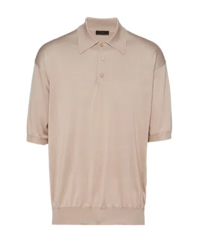 Prada Silk Short-sleeve Polo Shirt In Limestone Color