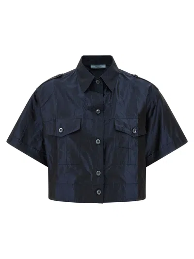 Prada Cropped Silk Taffeta Shirt Short Sleeves In Blue