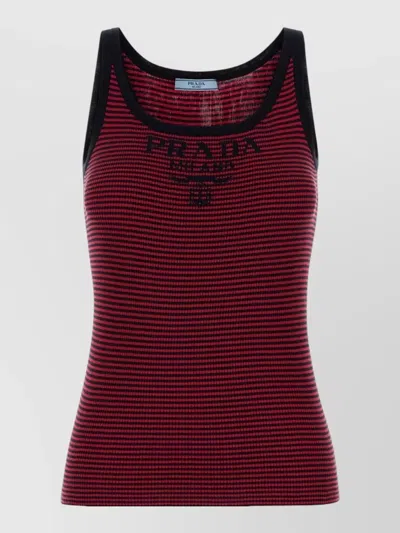 Prada Silk Tank Top Embroidery Scoop Neck In Red