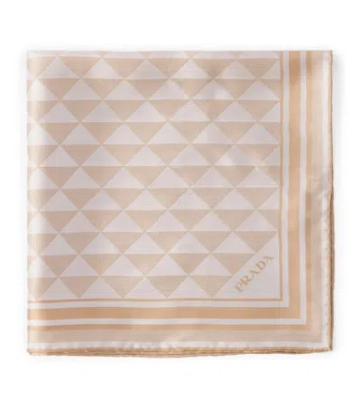 Prada Silk Triangle Scarf In Camel Beige/chalk White