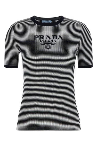 Prada Silk T-shirt With Intarsia Logo In Blu