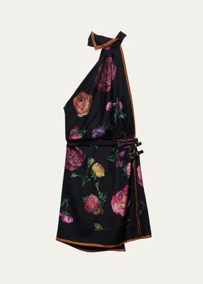 Prada Silk Twill Floral-print Backless Halter Mini Dress In F0002 Nero