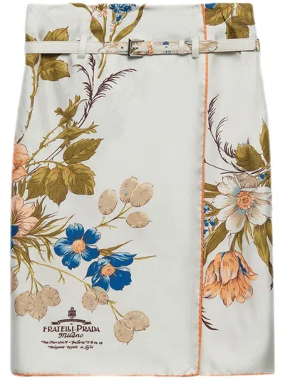 Prada Silk Twill Printed Skirt In White