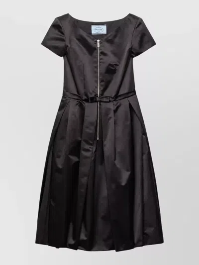 Prada Silk V-neck Short-sleeve Pleated Midi Dress