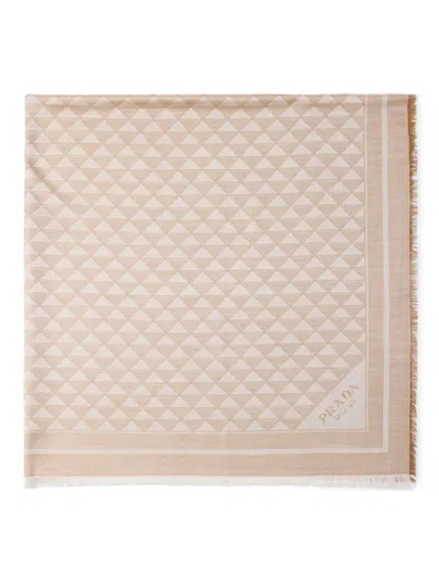 Prada Logo-jacquard Frayed Scarf In Camel Beige/chalk White