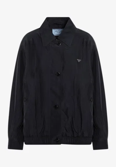 Prada Silk Zip-up Jacket With Triangle-logo In Black