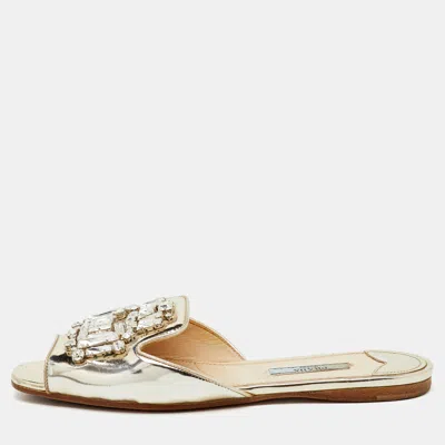 Pre-owned Prada Silver Foil Leather Crystal Embellished Flat Slide Sandals Size 37