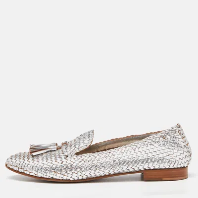 Pre-owned Prada Silver Foil Woven Leather Tassel Detail Smoking Slippers Size 40
