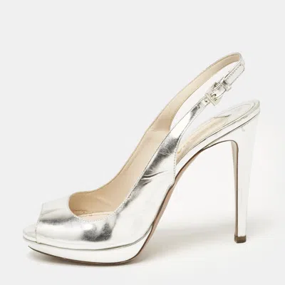 Pre-owned Prada Silver Laminated Leather Peep Toe Slingback Pumps Size 40