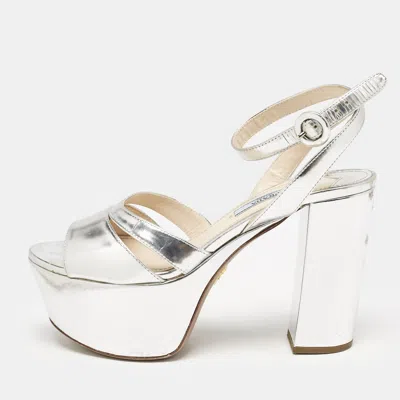 Pre-owned Prada Silver Leather Ankle Strap Platform Sandals Size 36