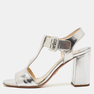 Pre-owned Prada Silver Leather Block Heel T-strap Sandals Size 39