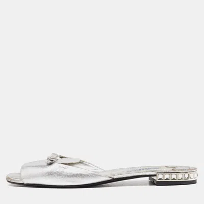 Pre-owned Prada Silver Leather Bow Flat Slides Size 39
