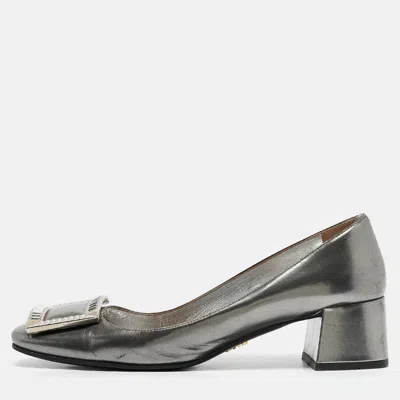 Pre-owned Prada Silver Leather Crystal Buckle Block Heel Pumps Size 36.5