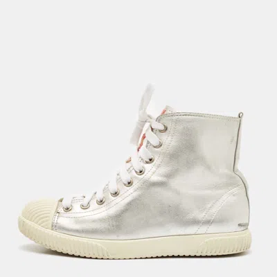 Pre-owned Prada Silver Leather Lace Up High Top Sneakers Size 37