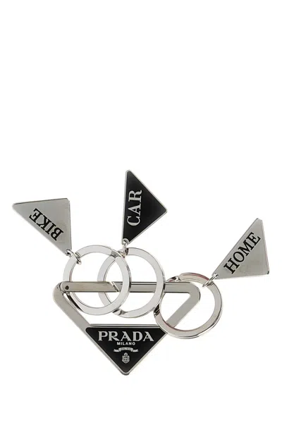 Prada Silver Metal Keyring In Pattern