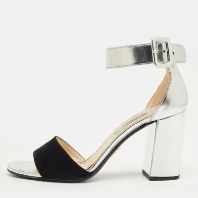 Pre-owned Prada Silver Patent Leather And Suede Ankle Strap Sandals Size 37.5